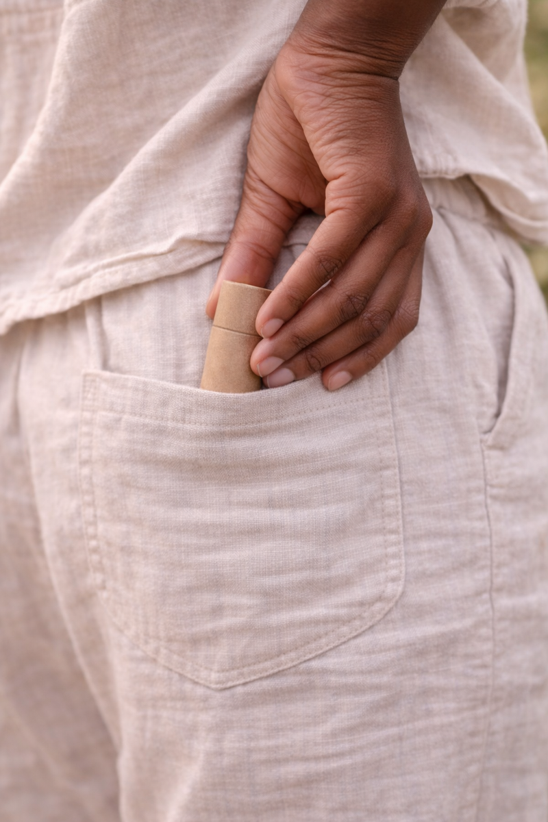 Person retrieving small lip balm from linen pants pocket