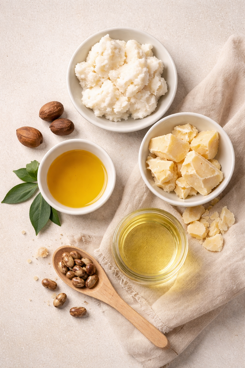 Shea butter, cocoa butter and jojoba oil natural lip balm ingredients